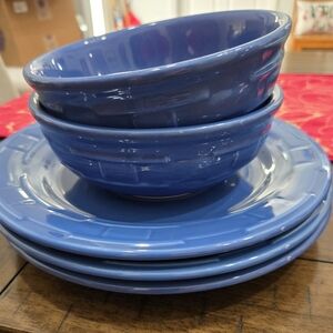 Longaberger‎ (3) 10" Dinner Plate & Bowls Cornflower Blue Pottery USA